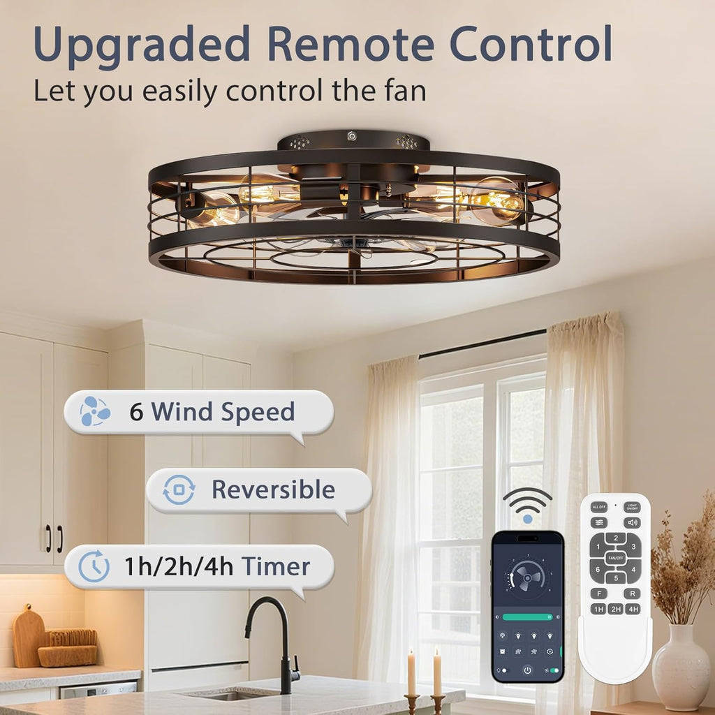 Caged Ceiling Fan with Light and Remote,23.6 inch Fandelier Ceiling Fan with Light Flush Mount