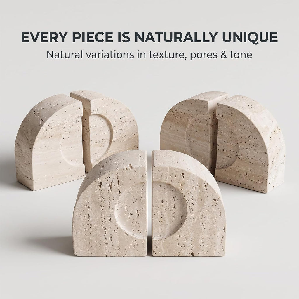 Travertine Book Ends, Decorative Stone Bookends for Shelves, Heavy Bookends | Natural StoneBook Stopper | Sculptural