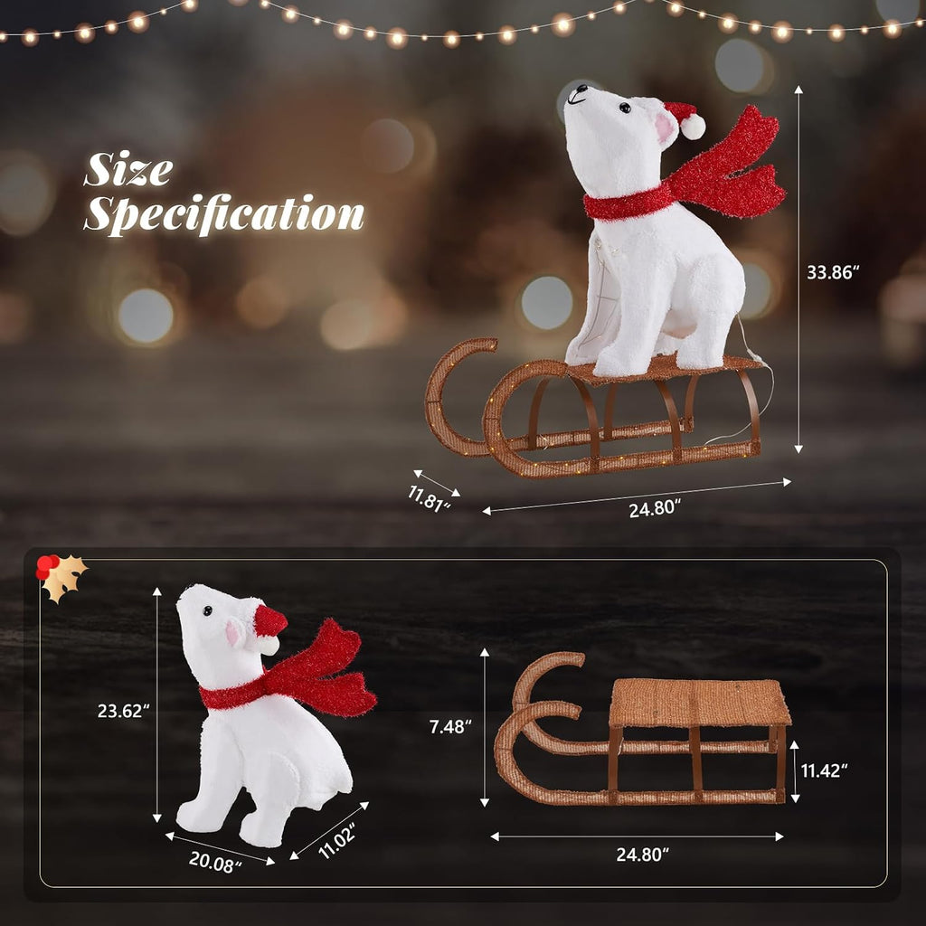 2.8FT Lighted Sleigh Polar Bear Christmas Outdoor Decorations, Christmas Yard Decorations with 104 Prelit LED, Light