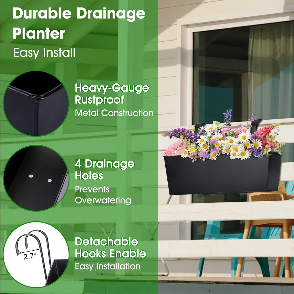 16" Large Hanging Planters for Outdoor Plants, Railing Planter Box, 3 Pack