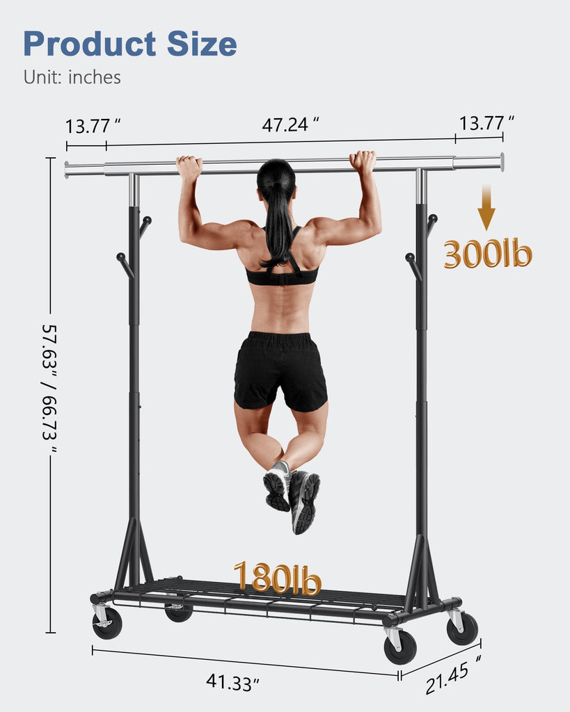 1-Minute Assembly Clothes Rack, 480 lbs Heavy Duty Rolling Clothing Racks with Wheels, Foldable Garment Rack
