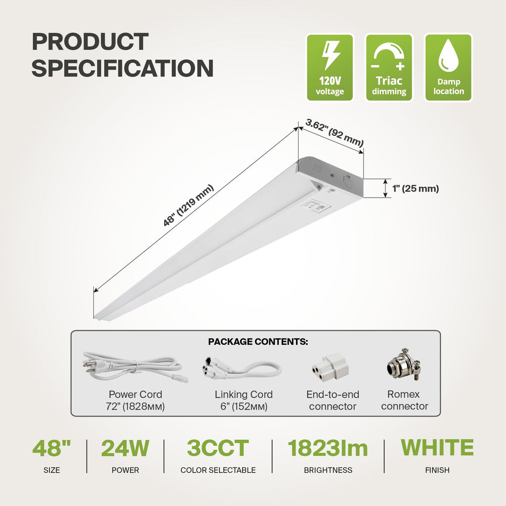 White Swivel LED Under Cabinet Light, 48 Inch 24W, Plug in/Hardwired