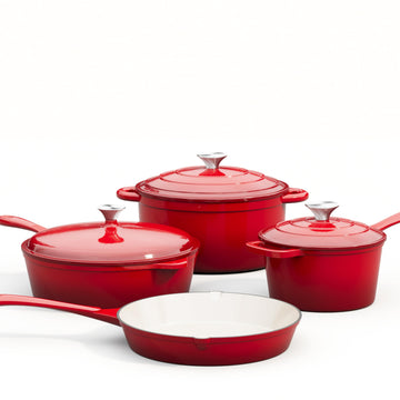 7 Piece Enameled Cast Iron Pots and Pans Set, Red
