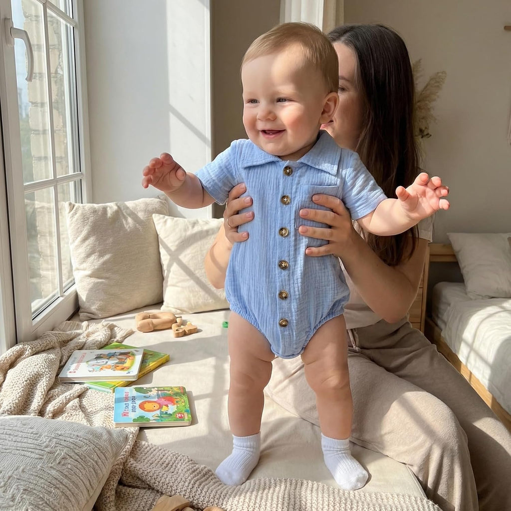 Summer Newborn Baby Boy Cotton Linen Romper Short Sleeve Button Down Jumpsuit Romper One Piece Outfit