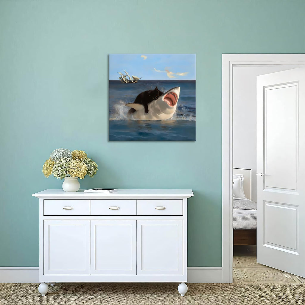 Framed Black Cat Bathroom Wall Art, Funny Quirky Cat and Shark Pictures Canvas Print, Abstract Black Cat Shark