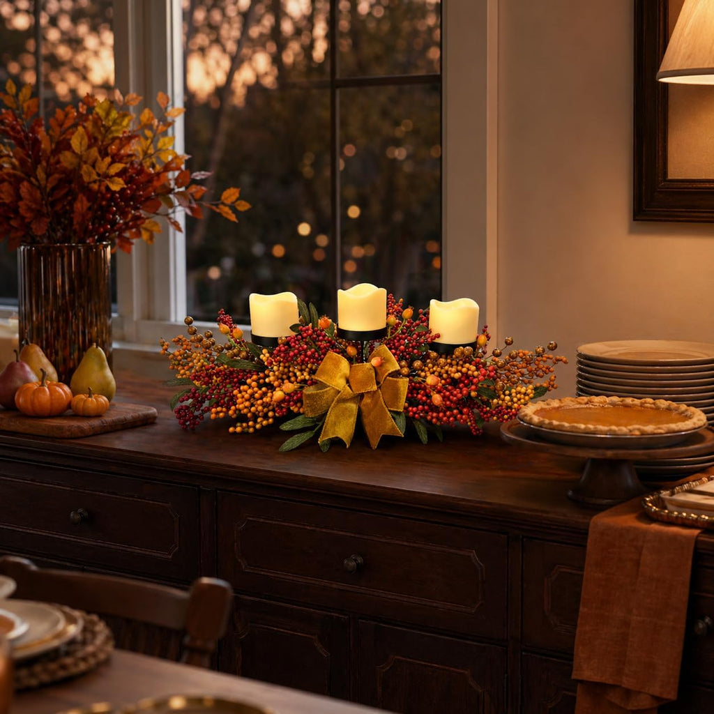 25 Inch Fall Candle Holder Centerpiece with Berry Branches and Bow