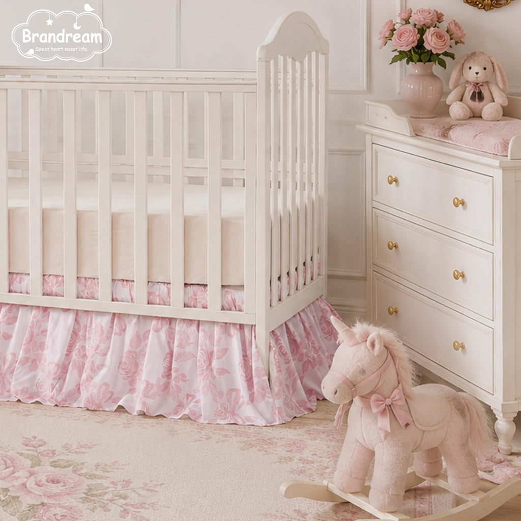 Organic Cotton Crib Skirt Dust Ruffle, Baby Girl Crib Bed Skirt, 4-Sided, Luxury French Vintage Pink Rose Floral &