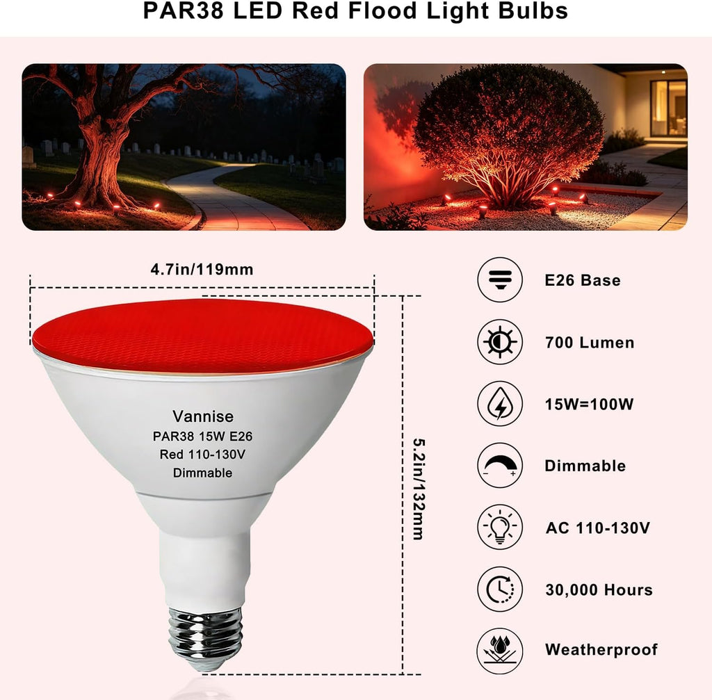 PAR38 Outdoor Flood Light Bulb Red Dimmable Waterproof 15W 120V