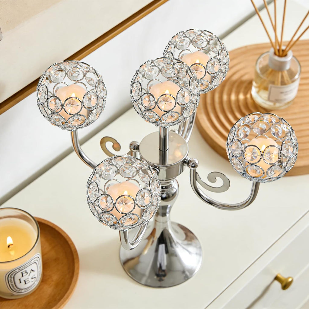 5 Arm Metal Crystal Candelabra Centerpiece - 13.4 Inch Elegant Candle Holder with Crystal Beadsable Decoration (4