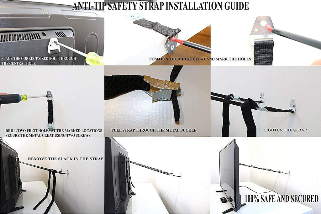 Heavy Duty Metal Anti Tip Straps - Adjustable Safety Furniture Wall Anchors for Baby Proofing Flat Screen TVs
