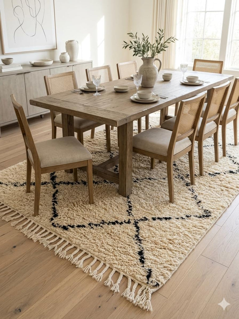 Handmade Moroccan Berber Area Rug 6' x 9', 100% Wool High Pile Shag, Ivory/Cream with Charcoal Fine Diamond Pattern