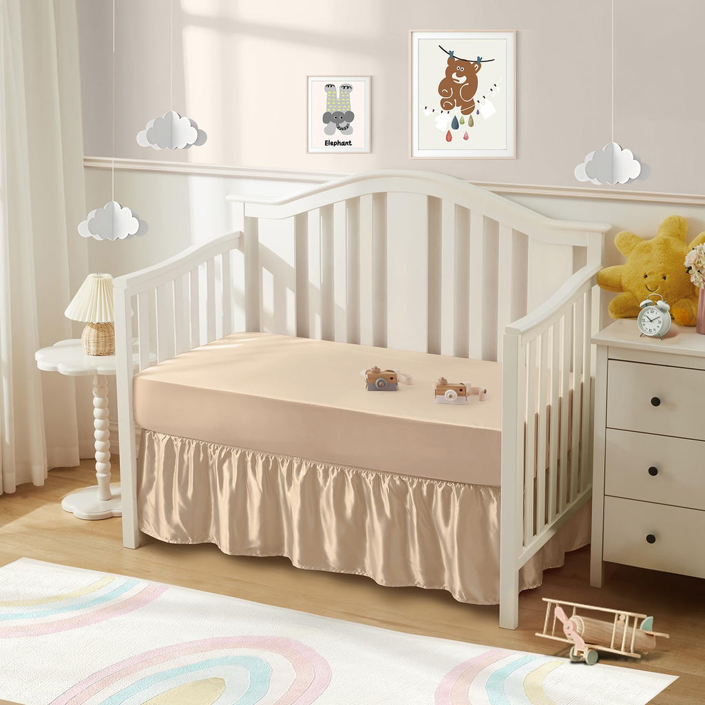 2-Piece Set Satin Crib Sheets & Crib Bed Skirt, Beige