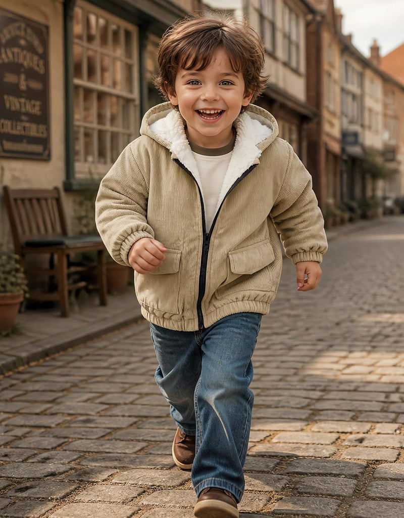 Boy Corduroy Jacket Hooded Zip-up Coat Winter Outwear