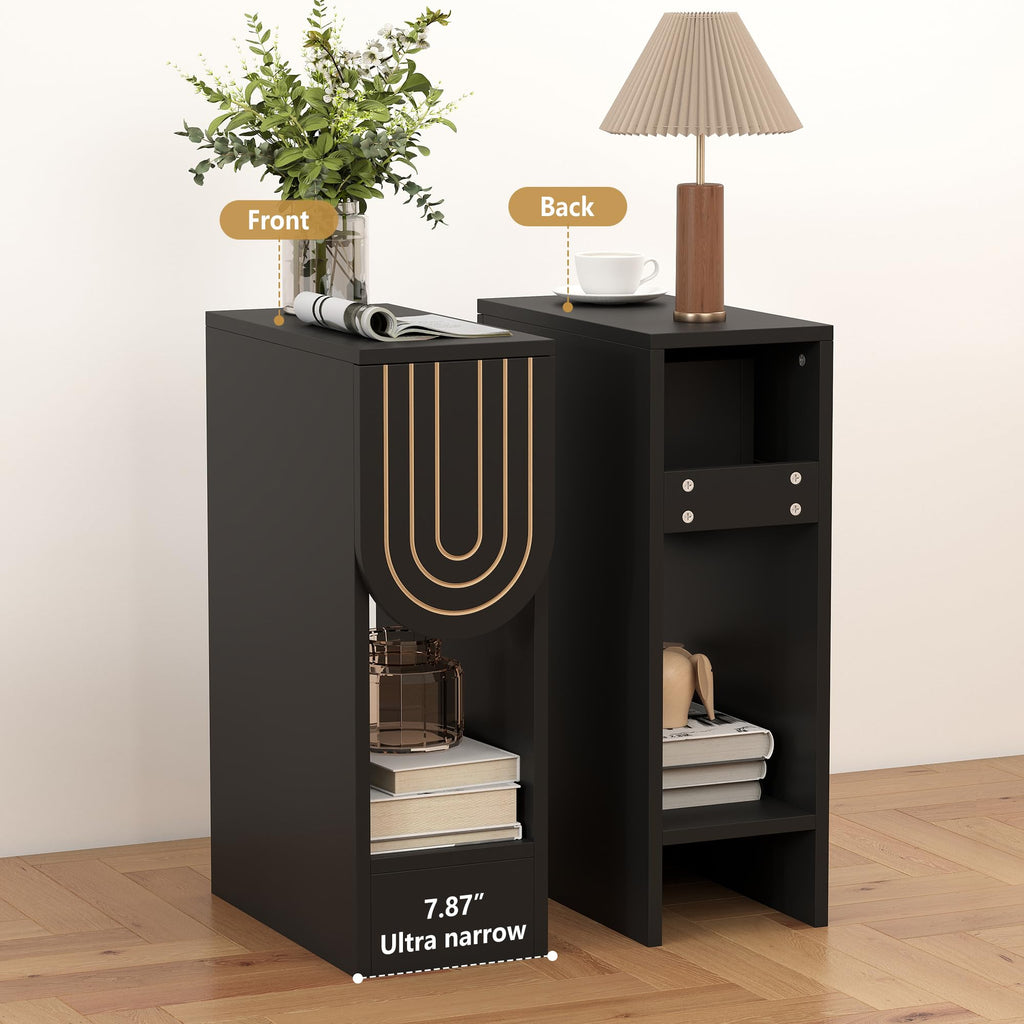 Narrow Nightstands Set of 2, Black Bedside Table with Carved Drawer and Storage Shelf, Mid-Century Modern Slim Side