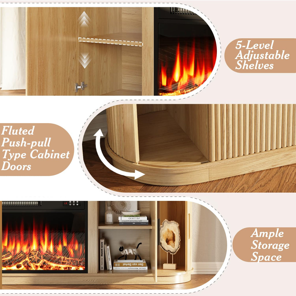 Fluted 70 TV Stand with 23" Electric Fireplace Heater, Entertainment Center with Storage and Adjustable