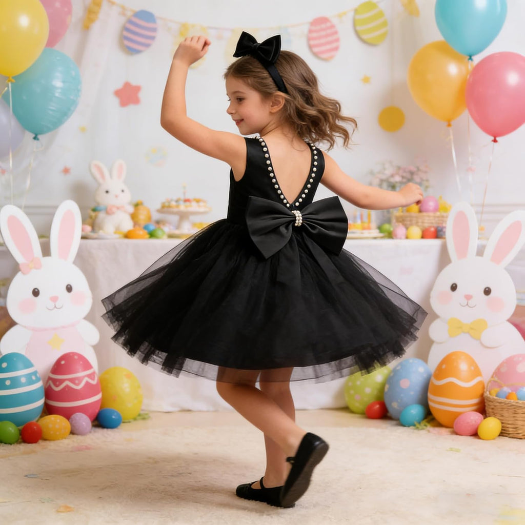 Toddler Baby Girls Pearl Backless Big Bowknot Tutu Gown Party Wedding Ball Gown Princess Dress with Headwear
