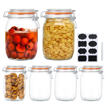 Glass Jars 32oz, Airtight Glass Food Storage Jar with Clamp Lid, 1000ml Rounded Airtight Canister with Leak Proof