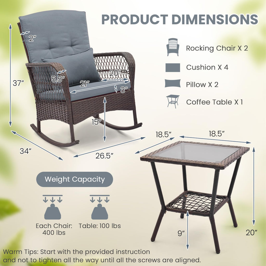 3 Pieces Patio Rocking Chair Set, Wicker Bistro Set (Grey)