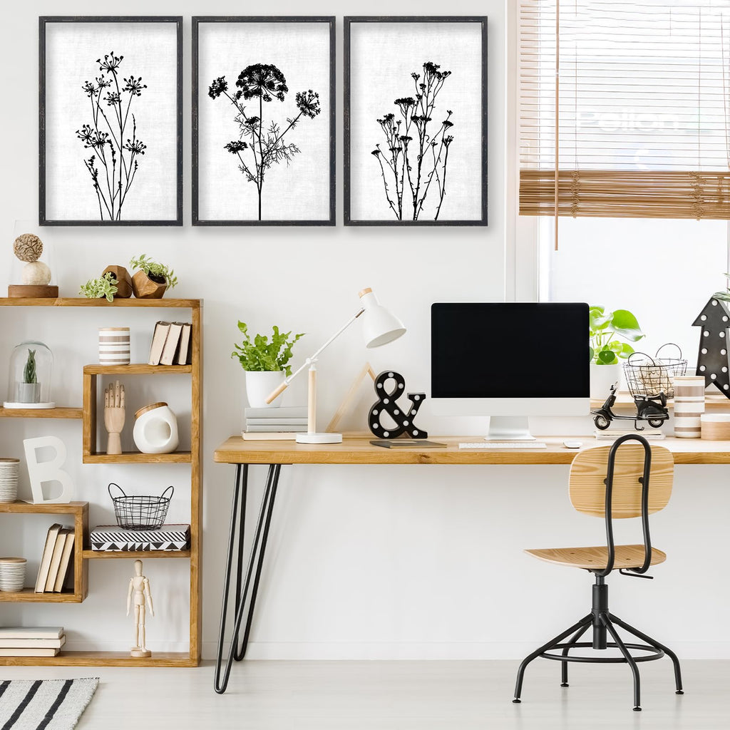 Flower Plant Wall Art Decor 16"x11" Set of 3 Black And White