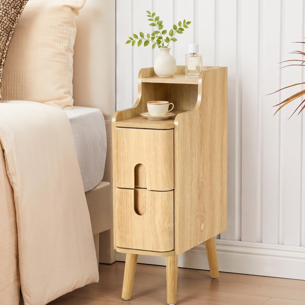 Narrow Nightstand, Wooden 2 Drawer, Natural, Set of 2