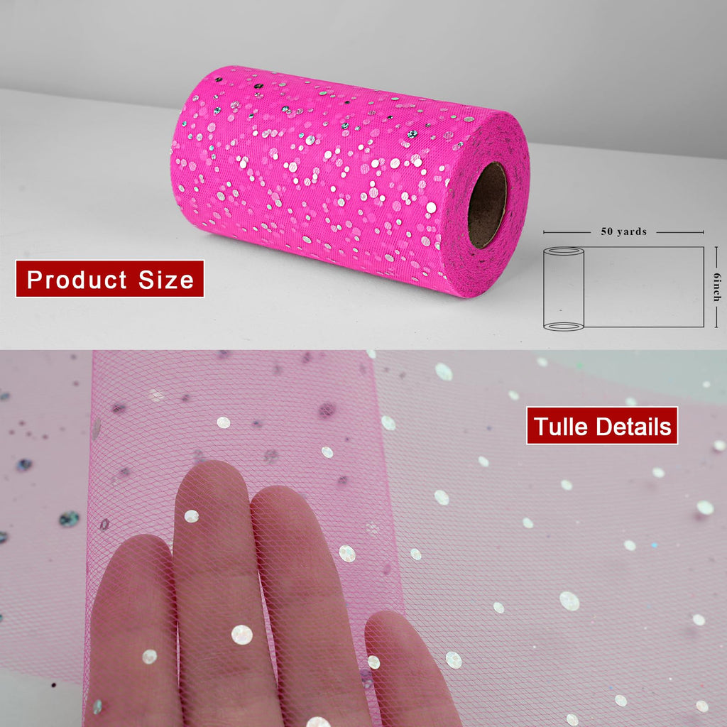Glitter Tulle Rolls, 6" by 50 Yards Tulle Fabric Rolls(Dark Pink)