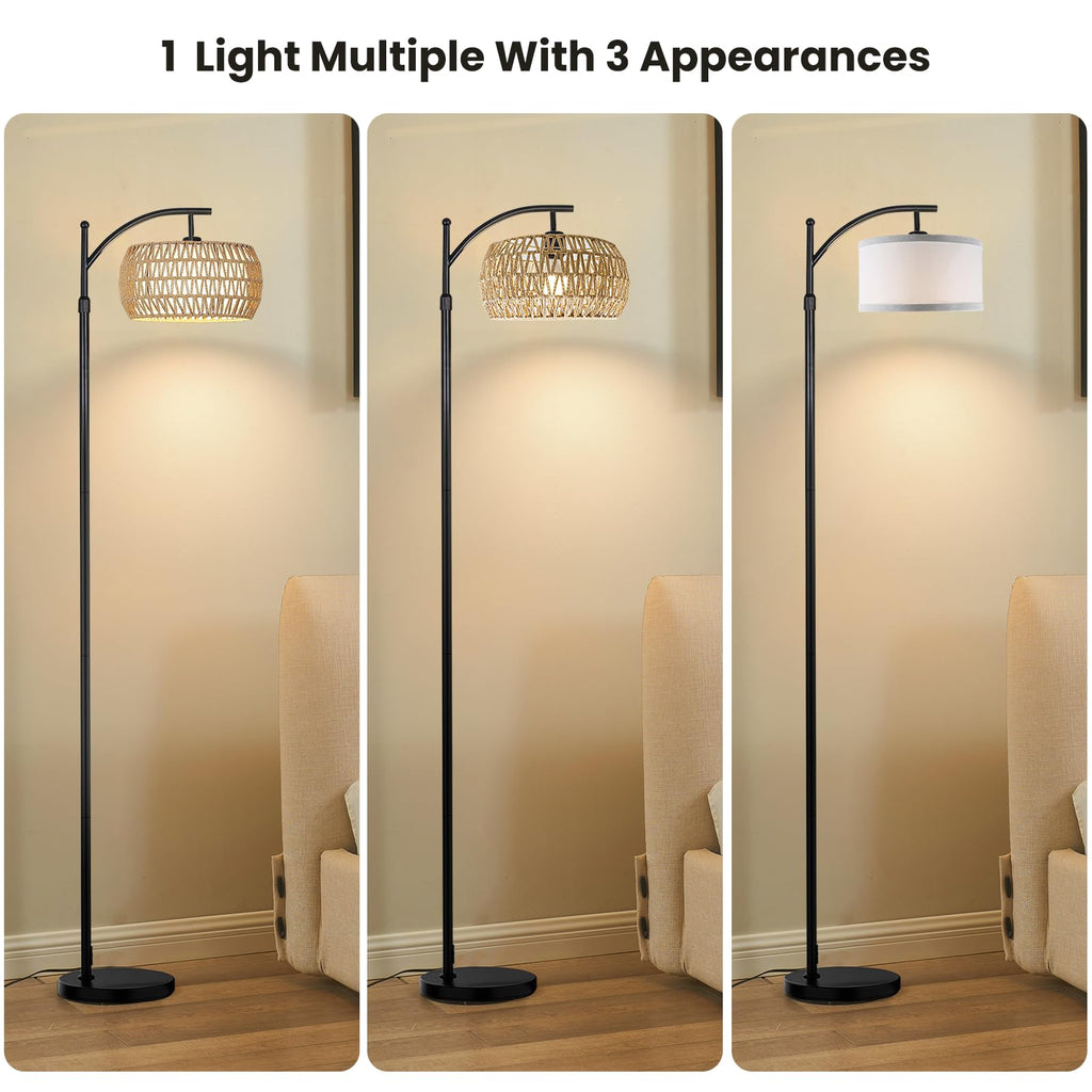 Arc Floor Lamp, Farmhouse Floor Lamps with Remote Control & Dimmable Bulb, Boho Rattan Tall Standing Lamp Office