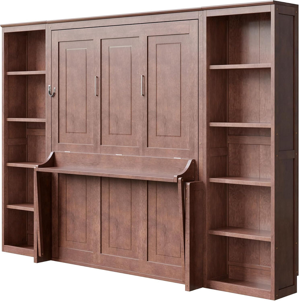 Queen Murphy Bed with Desk, Wood Murphy Bed Frame with Storage Shelves, Hidden Foldable Wall Bed for Home Office