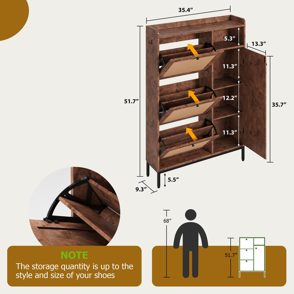 Shoe Cabinet Rattan with 3 Flip Drawers