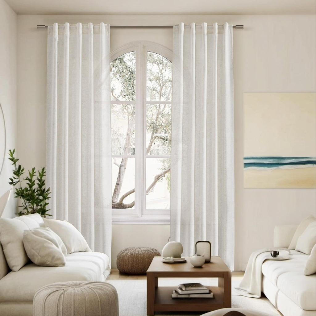 Cream Semi Sheer Curtains 96 Inches Long Back Tab Pocket Ivory Linen Living Room Curtain 2 Panel Sets Light Filtering
