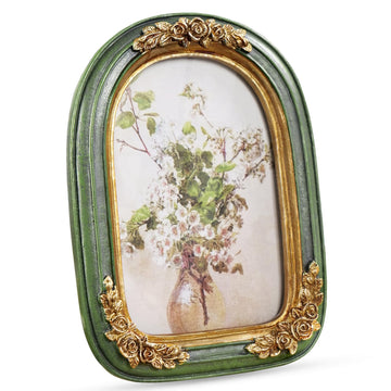 Vintage 4x6 Picture Frame Green Gold Arched Resin Frame with Floral