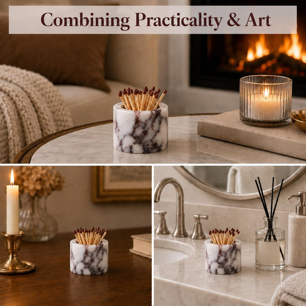 Marble Match Holder with Striker: Mini Decorative Stone Matches Box