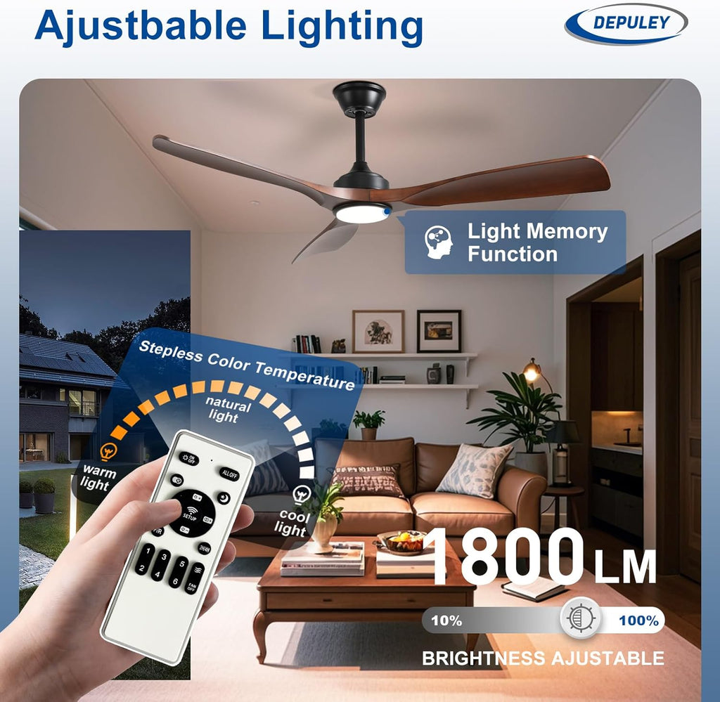 52-Inch Ceiling Fan with Light: Walnut 3 Blade Outdoor Fans for Patios - Dimmable Indoor Fan with Remote APP Control Ultra Quiet DC Motor Reversible 6 Speed Timer A101-B0DRCWK5MH
