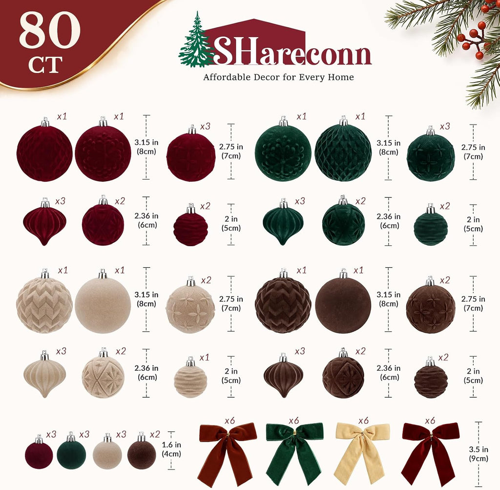 80pcs Velvet Christmas Tree Balls Ornaments Set Decorations Red