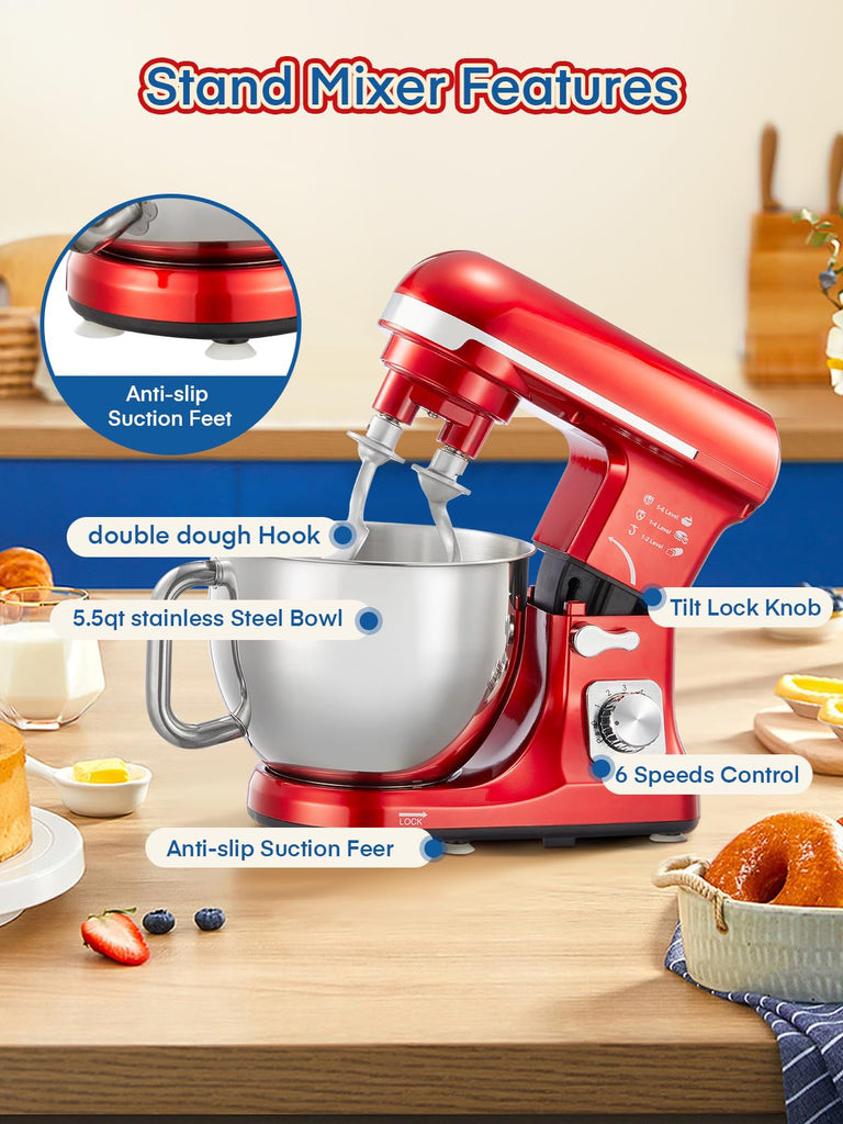 Stand Mixer , With Double Dough Hook, Wire Whip & Beater Mixers Kitchen Electric Stand Mixer, 5.5QT, 6+P Speed