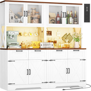 71" Kitchen Pantry Cabinet with LED Light & Outlet, Microwave Stand | White & Rustic, 63" Wide, DIY Pegboard Panel