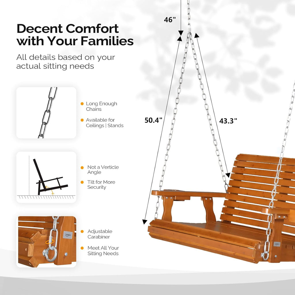 XL 4 FT Pro Wooden Porch Swing with Cup Holders, 880 LBS, Brown | Heavy-Duty Wood Frame; 880-Lb Capacity; Cup Holders