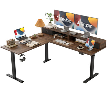 63 Inch L Shaped Electric Standing Desk with Drawer, Dark Walnut
