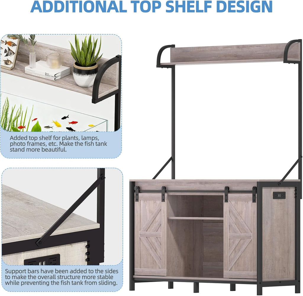 55-75 Gallon Fish Tank Stand with Power Outlets, Heavy Duty Metal Frame Aquarium Stand with Barn Door, Turtle Reptile