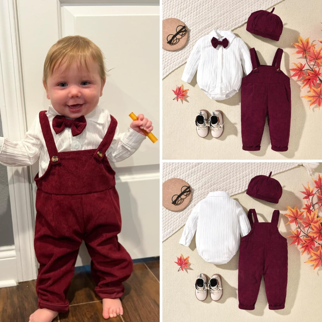Newborn Baby Boy Outfit Set Long Sleeve Romper 3Pcs Gentleman Suspender Overall Fall Winter Clothes