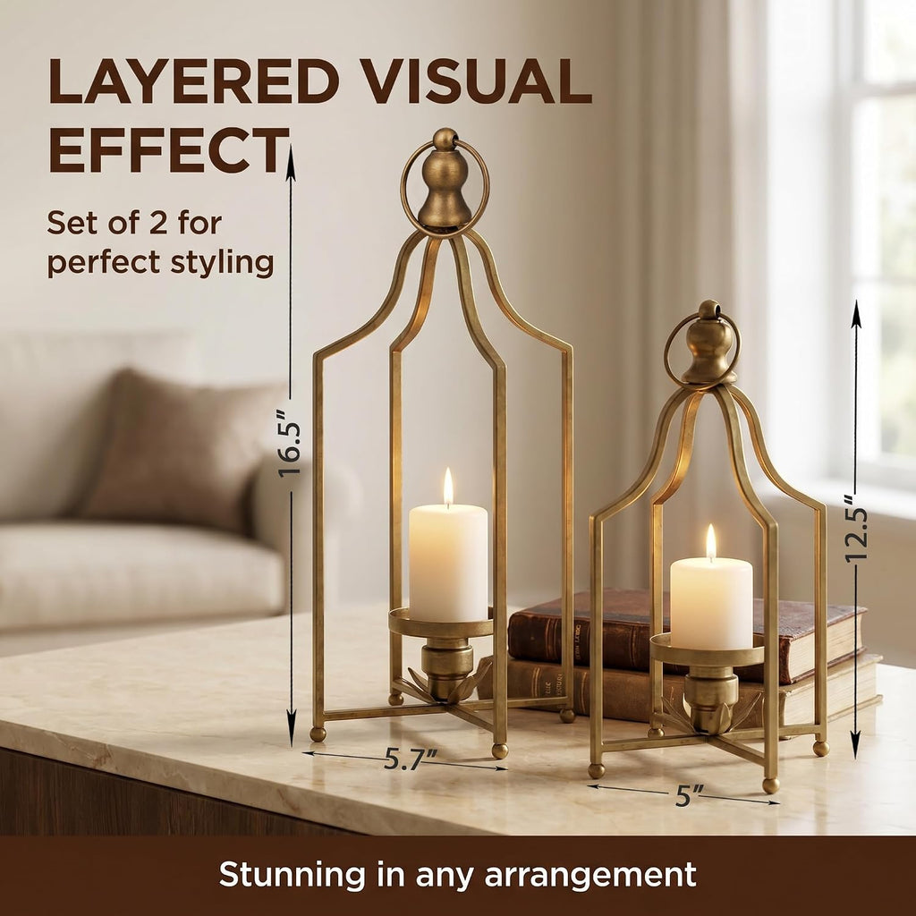 12.5" & 16.5" Timeless Cozy Decorative Lanterns Set of 2, Handcrafted Metal Iron Candle Holders, Farmhouse Elegance