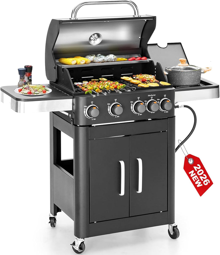 2-in-1 Propane Gas Grill with Side Burner, 4-Burner Flat Top Grill, 46,700 BTU Outdoor BBQ Propane Griddle for Patio, Backyard, and Camping
