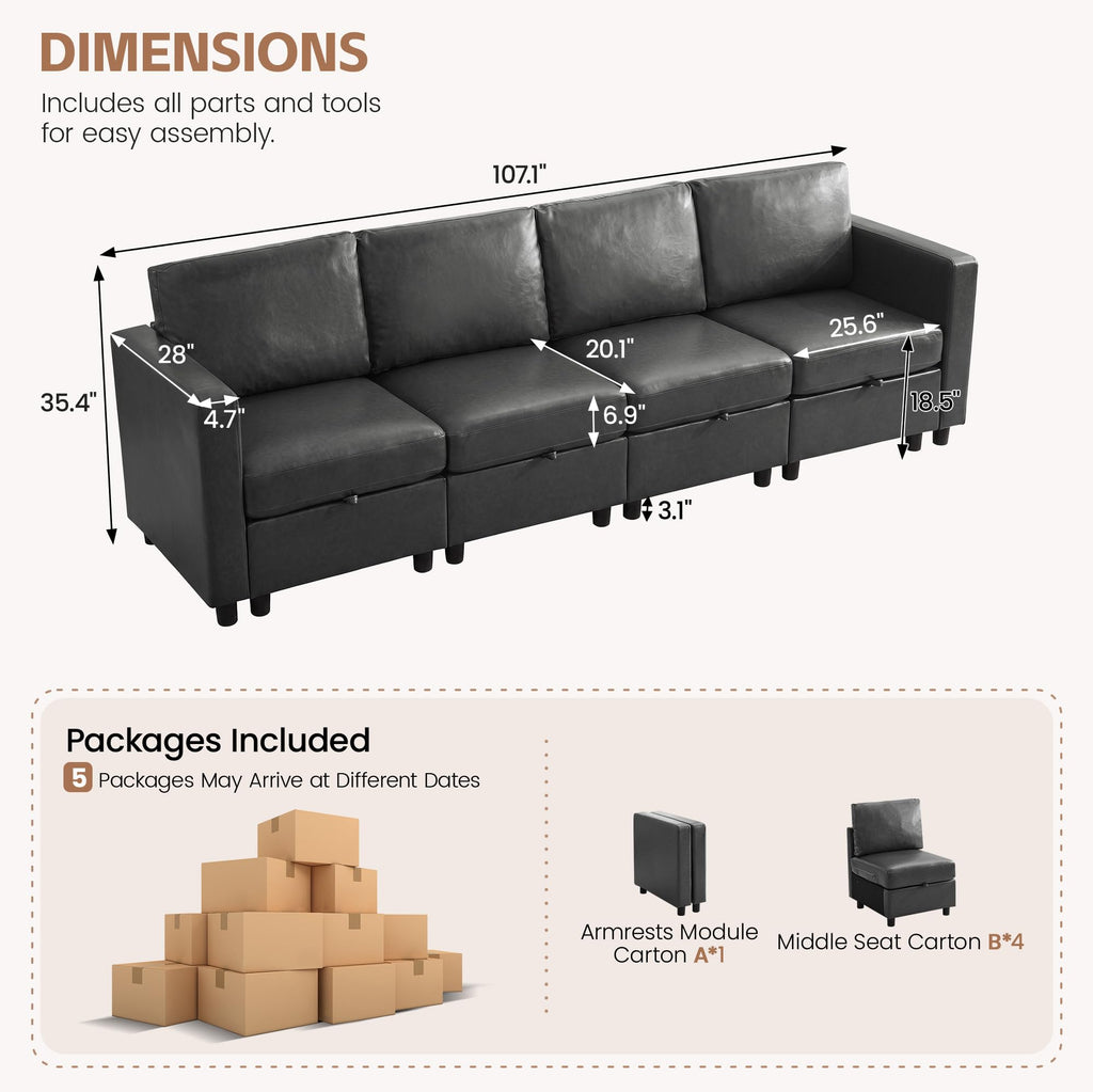 Modular Sectional Couch, 107" Faux Leather Storage 4 Seat Sofa, Grey