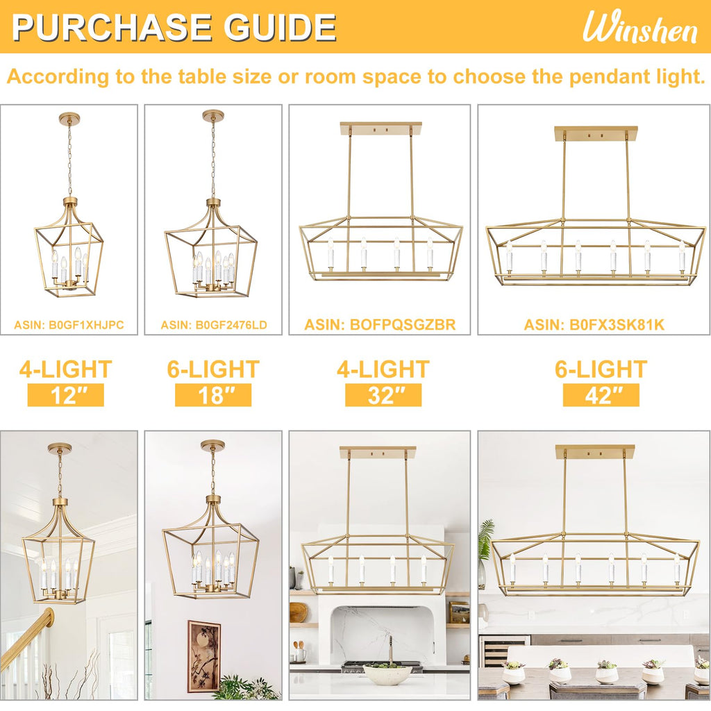 4-Light Gold Kitchen Island Lighting Over Table, Modern Lantern Cage Chandelier Pendant Light Fixture with Height