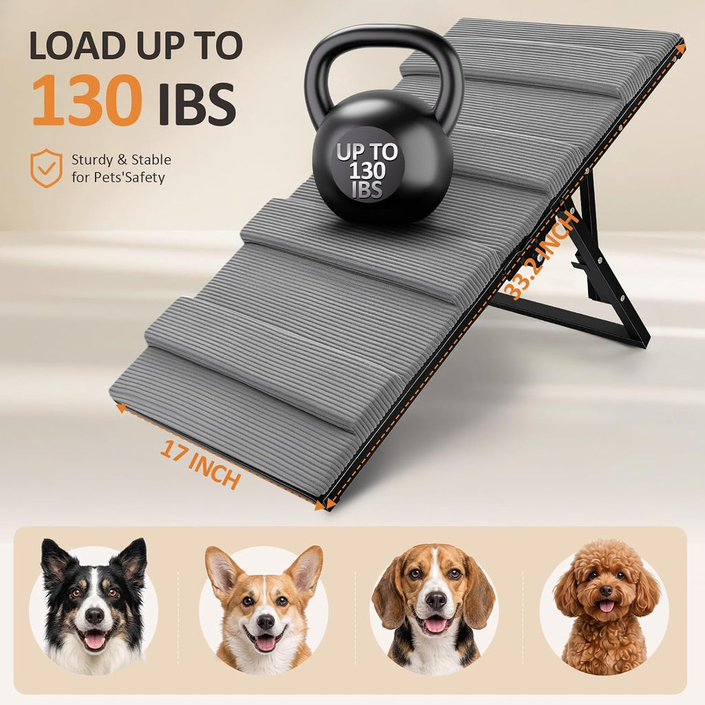 Dog Ramp for Bed & Couch, Foldable Pet Ramp with 5 Adjustable Height Levels, Non-Slip Striped Fabric, Portable Indoor