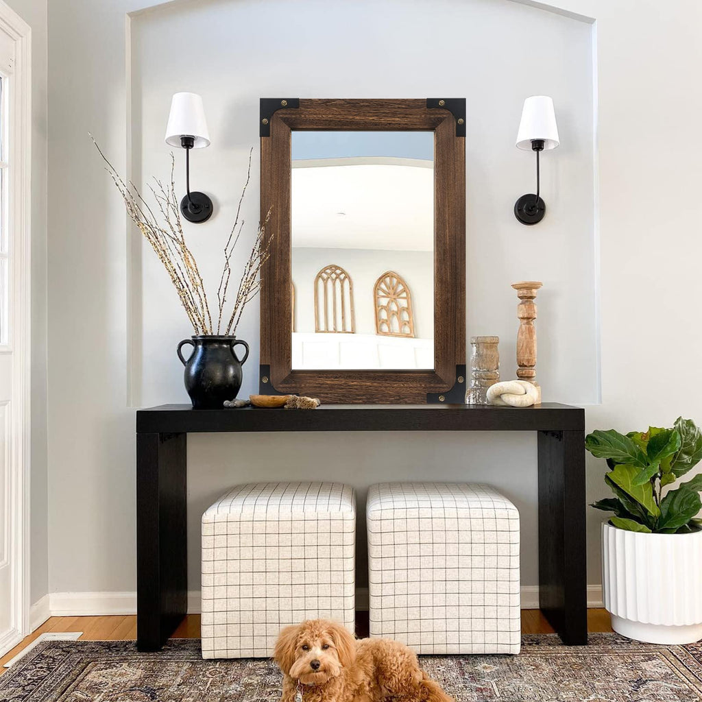 Rustic Bathroom Mirror 24x36 Inch Wood Frame Vanity Wall, Iron