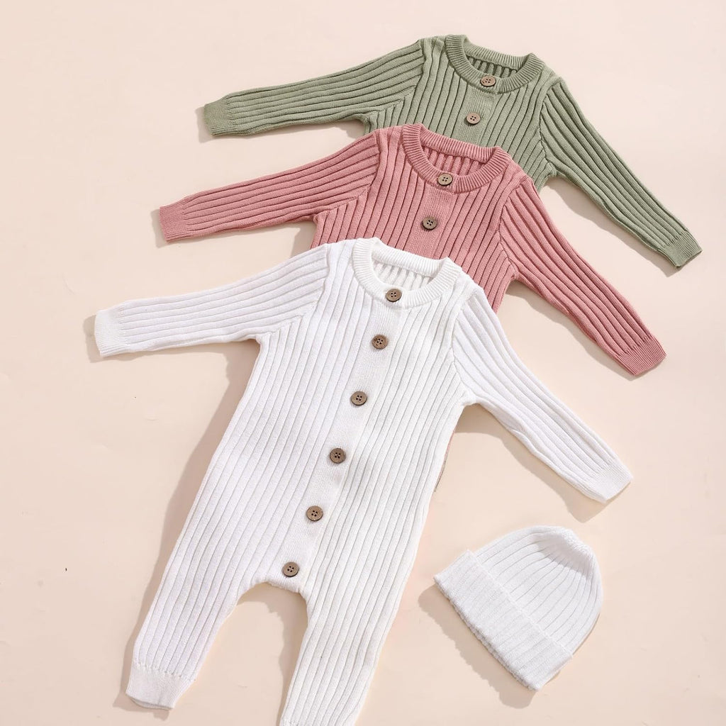Cotton Knit Baby Romper Set Ribbed Newborn Outfit Clothes With Hat