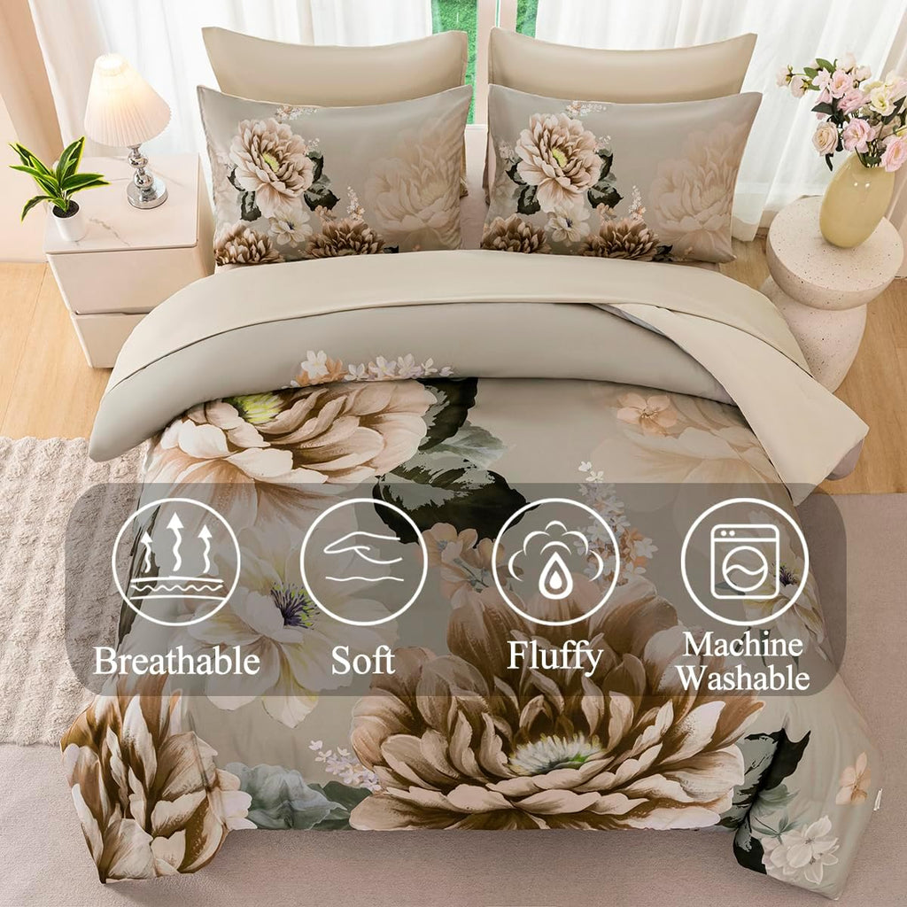 Comforter Set Full Khaki Floral Bedding Set 7 Pieces Flower Bed Set with Sheets Reversible Large Peony Printed On