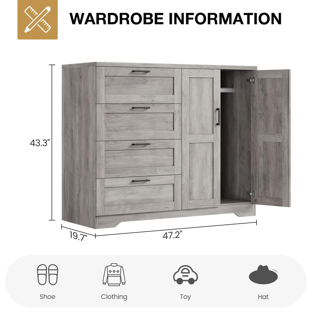 43.3'' H Armoire Wardrobe Closet with 4 Drawers, Wooden Dresser