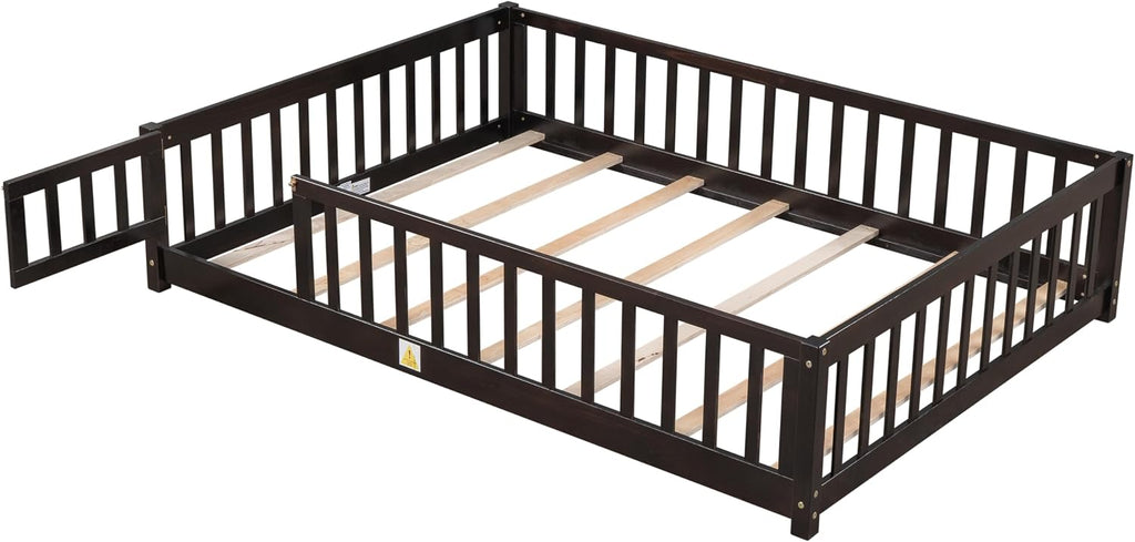 Floor Bed for Kids, Girls, Boys, Rubber Wood Floor Bed with slats and Door/Rails/Fence, Espresso