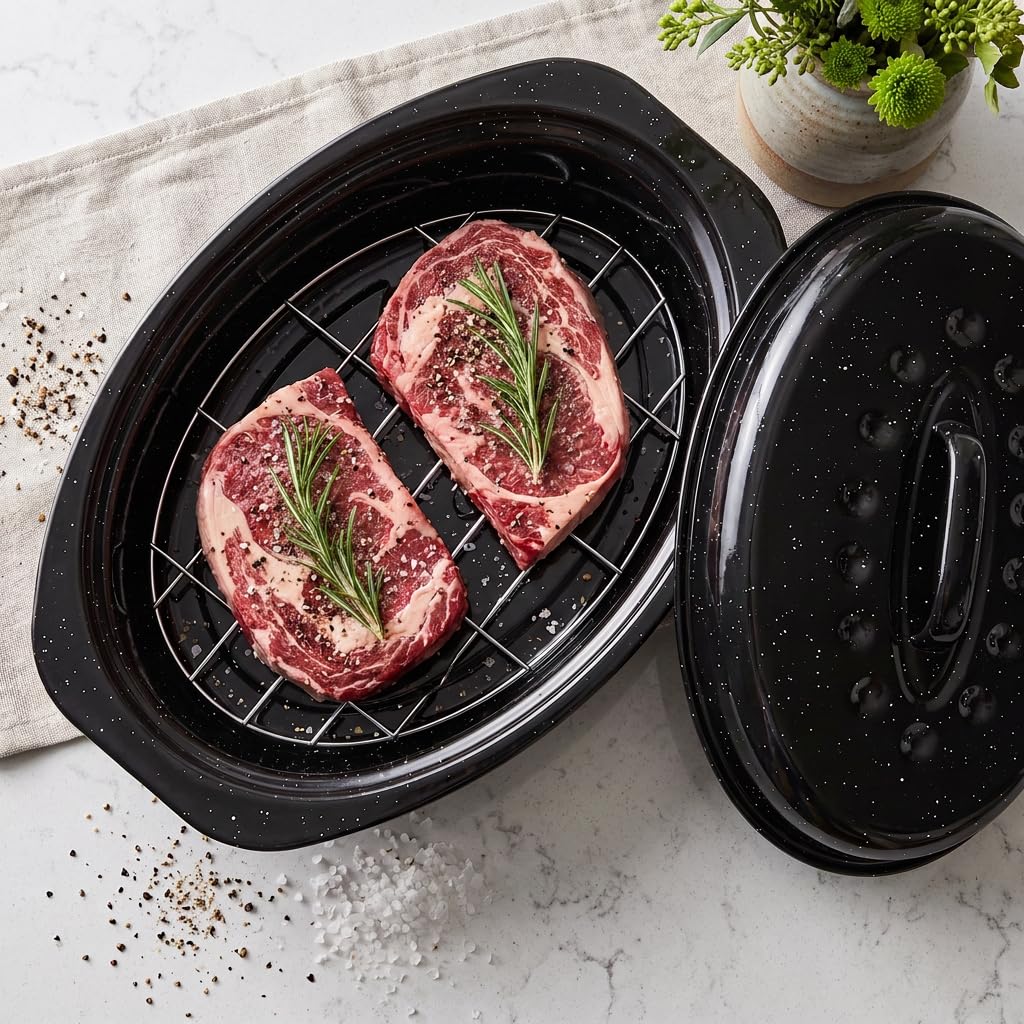 13"Enamel Roasting Pan with Lid and Rack Small Oval Roaster Pan Set, Deepen Design Deep Baking Pan for Sourdough